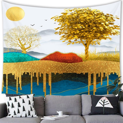 Chinese Ink Wash Landscape Tapestry Polyester Wall Hanging Gold Mountain Deer Abstract Art Decor For Home Living Room