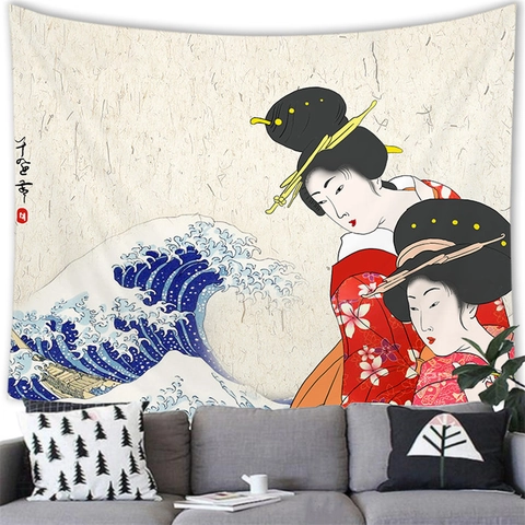 Tapiz Ukiyo-e Japonés Colgante de Pared Arte Tela de Poliéster Gran Ola Fuji Koi Geisha Decoración para Dormitorio Sala de Estar Hogar