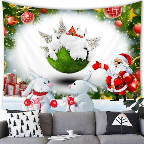 Polyester Christmas Wall Tapestry Festive Snowman Santa Patterns Vibrant Holiday Decor Party Backdrop Hanging Blanket