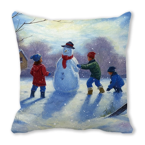 Kerst Perzikhuid Kussenslopen Winter Sneeuwpop Olieverfstijl Sofa Kussenhoezen Voor Feestelijke Huisdecoratie