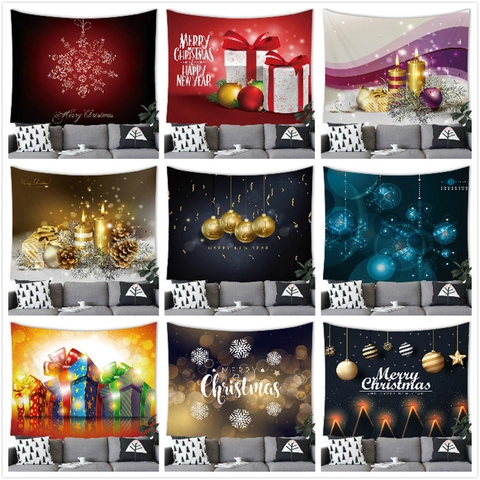 Christmas Tapestry Wall Hanging Polyester Fabric Holiday Decoration Merry Christmas Pattern Snowflakes Gift Box Festive Background Home Decor