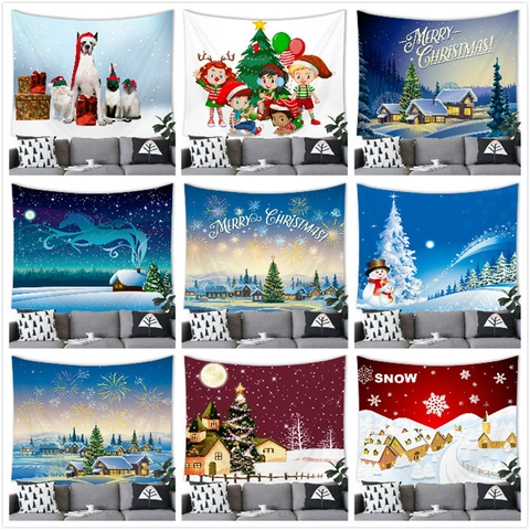 Christmas Tapestry Wall Hanging Polyester 3D Printed Cartoon Snowman Santa Winter Snowy Scene For Home Party Decor