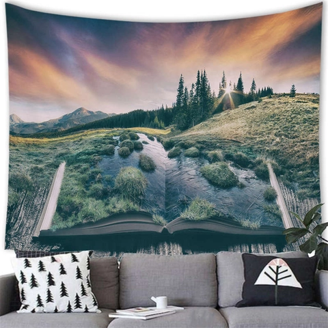 Arazzo da Parete Surrealista a Forma di Libro Aperto con Paesaggio in Tessuto di Poliestere Stampa 3D Decorazione per Soggiorno Camera da Letto