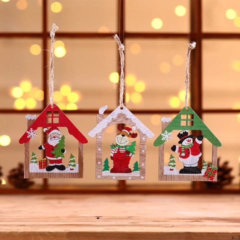 Ornamento Sospeso Natalizio Legno Forma Casa Babbo Natale Pupazzo Neve Renna Decorazione Casa Con Corda Canapa
