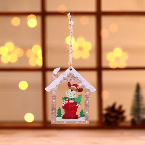 Ornamento Sospeso Natalizio Legno Forma Casa Babbo Natale Pupazzo Neve Renna Decorazione Casa Con Corda Canapa