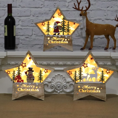 Christmas Luminous Wooden Star Ornament Santa Claus Snowman Reindeer LED Warm Light Tabletop Decor Festive Holiday Atmosphere Lamp