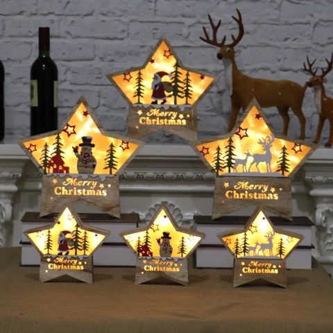 Christmas Luminous Wooden Star Ornament Santa Claus Snowman Reindeer LED Warm Light Tabletop Decor Festive Holiday Atmosphere Lamp
