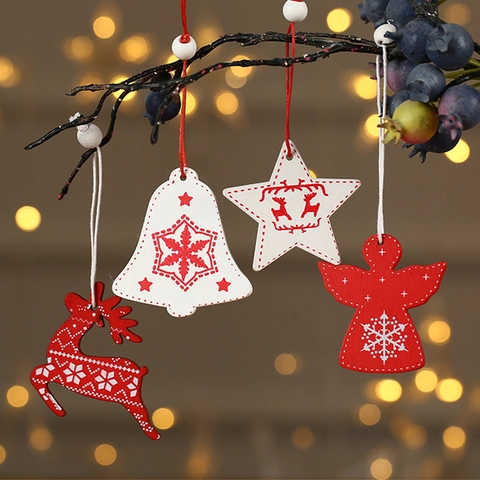Pendenti Albero Di Natale Ornamenti Appesi In Legno Forme Renna Angelo Stella Decorazione Festa Casa Rosso Bianco DIY