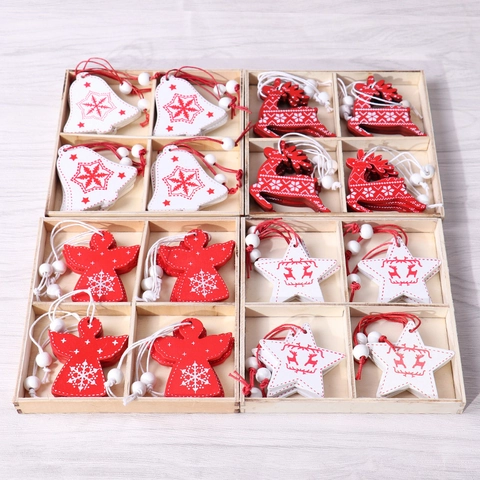 Pendenti Albero Di Natale Ornamenti Appesi In Legno Forme Renna Angelo Stella Decorazione Festa Casa Rosso Bianco DIY