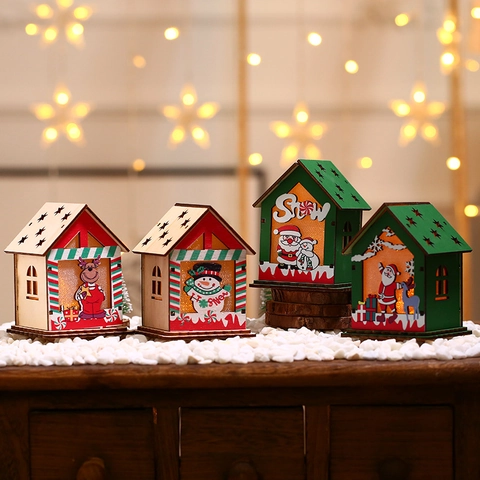 Maison de Noël en Bois LED Lumineuse Décoration Père Noël Bonhomme de Neige Renne Arbre de Noël Ornement de Table Cadeau