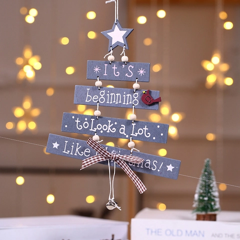 Christmas Wooden Tree Hanging Sign Decoration With Plaid Bow And Metal Bells Multi Layer Letter Print Festive Door Decor