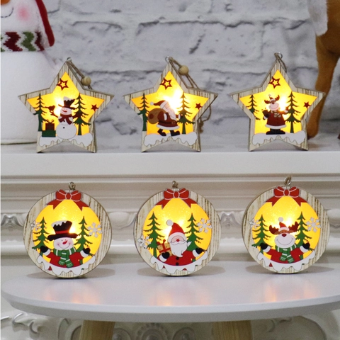 Christmas Wooden LED Hanging Ornament Light Up Santa Snowman Reindeer Pattern Decorative Ornament For Christmas Tree Home Festival Gift