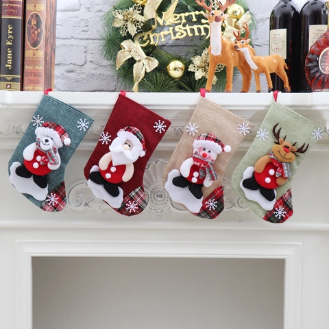 Calze Di Natale Sacchetti Regalo Tessuto Di Iuta Appese Decorative Con 3D Babbo Natale Pupazzo Di Neve Renna Orso Quadretti