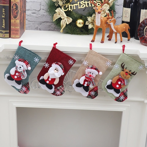 Calze Di Natale Sacchetti Regalo Tessuto Di Iuta Appese Decorative Con 3D Babbo Natale Pupazzo Di Neve Renna Orso Quadretti