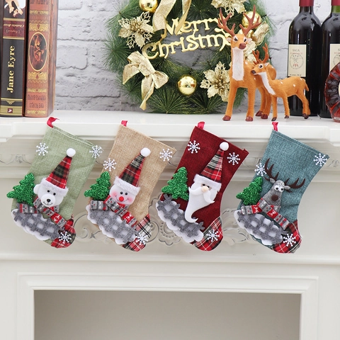 Calza Di Natale In Iuta 3D Babbo Natale Renna Pupazzo Di Neve Orso Applique Decorazione Appesa