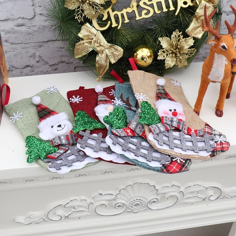 Calza Di Natale In Iuta 3D Babbo Natale Renna Pupazzo Di Neve Orso Applique Decorazione Appesa