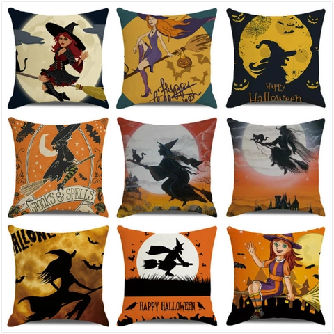 Halloween Kissenbezug Leinen Baumwolle Cartoon Hexe Kürbis Fledermaus Dekokissen Hülle Für Sofa Party Deko
