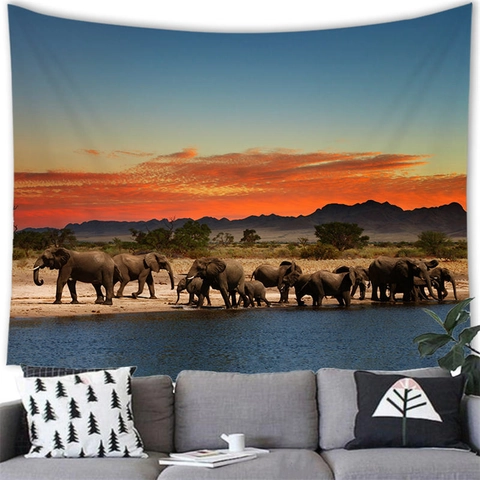 African Elephant Savanna Landscape Tapestry Polyester Wall Hanging Nature Sunset Scenery Blanket For Living Room Home Decor