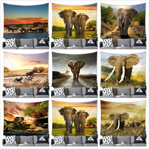African Elephant Savanna Landscape Tapestry Polyester Wall Hanging Nature Sunset Scenery Blanket For Living Room Home Decor