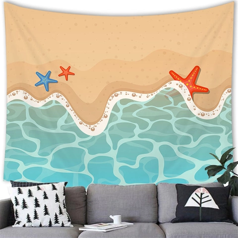 Arazzo in Poliestere con Paesaggio Cartone Animato Spiaggia Estiva Tessuto Spazzolato Isola Tropicale Palma Arredo Casa