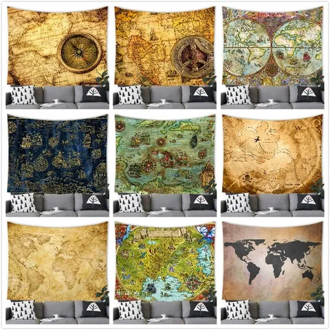 Arazzo Vintage Mappa del Mondo Nautica Bussola Retro Mappa del Tesoro Pirata Appeso a Parete per Arredo Soggiorno Camera