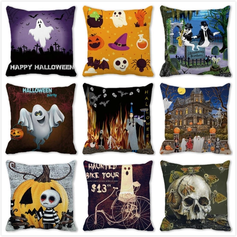 Fodera per Cuscino di Halloween Simpatico Fantasma Zucca Pipistrello Decor Tessuto Pelle di Pesca Quadrata Decorativa per Divano Casa Festa