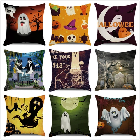 Halloween Deko Leinen Kissenbezug Cartoon Geist Kürbis Fledermaus Druck Quadratischer Kissenhülle Für Sofa Haus Party