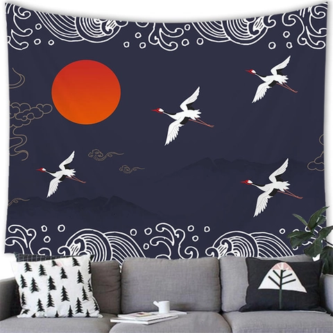 Japanese Style Wall Hanging Tapestry Polyester Oriental Art Crane Koi Fish Ukiyo-e Pattern For Living Room Bedroom Decor