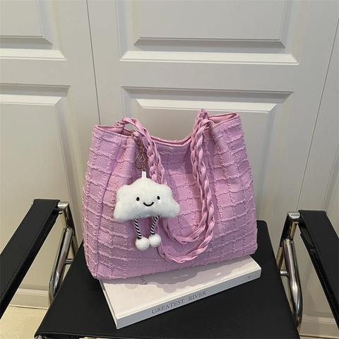 Women Large Capacity Textured Fabric Tote Bag With Braided Handle Fashion Casual Shoulder Bag And Cloud Plush Pendant