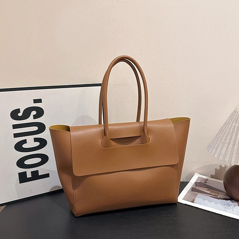 Women Large Capacity Tote Bag PU Leather Vintage Minimalist Flap Shoulder Bag For Commuting Daily Solid Color