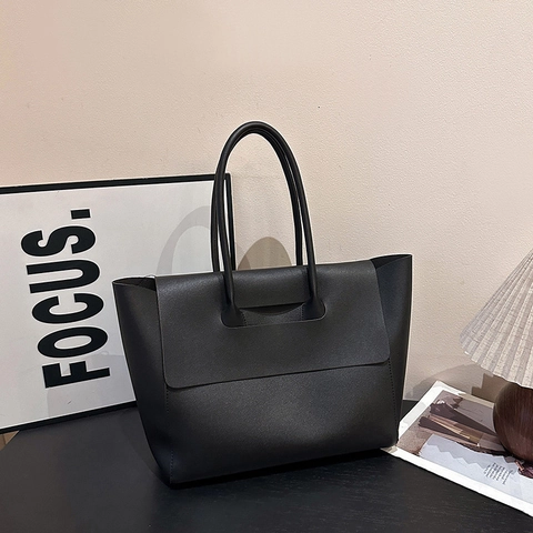 Women Large Capacity Tote Bag PU Leather Vintage Minimalist Flap Shoulder Bag For Commuting Daily Solid Color