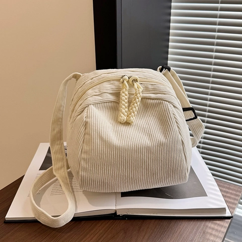 Women's Corduroy Shell Crossbody Bag Large Capacity Simple Chic Casual Braided Zipper Pull Adjustable Strap Shoulder Bag