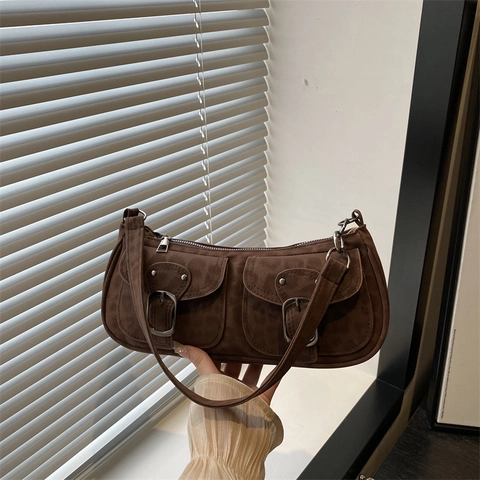 Women's Vintage Faux Suede Underarm Bag Leopard Print Multi-Pocket Shoulder Bag Retro Synthetic Leather Flap Handbag