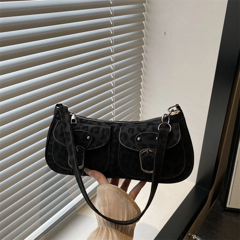 Women's Vintage Faux Suede Underarm Bag Leopard Print Multi-Pocket Shoulder Bag Retro Synthetic Leather Flap Handbag