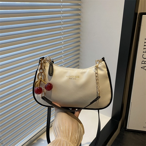 Women Litchi Pattern PU Leather Underarm Bag Cherry Charm Contrast Color Minimalist Commuter Crossbody Shoulder Bag