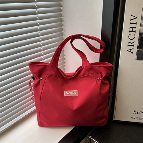 Large Capacity Nylon Tote Bag For Women Minimalist Solid Color Shoulder Bag With Drawstring Fashion Patch Daily Handbag