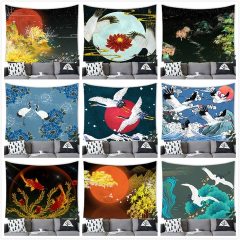 Japanese Style Wall Hanging Tapestry Polyester Oriental Art Crane Koi Fish Ukiyo-e Pattern For Living Room Bedroom Decor
