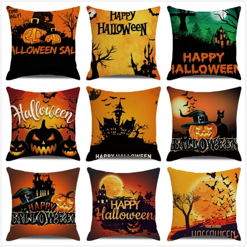 Halloween Linen Cushion Cover Cartoon Castle Pumpkin Lamp Decorative Pillow Case For Sofa Home Office Holiday Party Gift