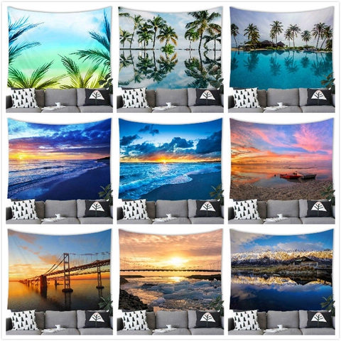 Scenic Landscape Wall Tapestry Polyester Fabric Nature Sunset Beach Sea View Backdrop For Home Living Room Bedroom Decor Mediterranean Style