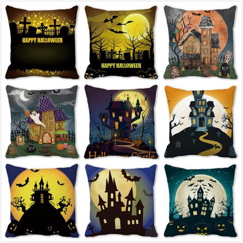 Halloween Peach Skin Decorative Throw Pillow Cover For Sofa Home Decor Halloween Castle Bat Pumpkin Print Square Pillowcase