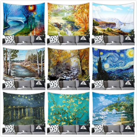 Polyester Landscape Oil Painting Tapestry Artistic Nature Scenery Wall Hanging For Home Living Room Bedroom Decor