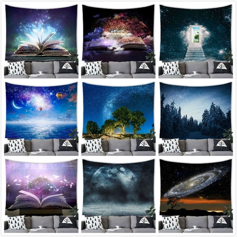 Fantasy Planet Magic Book Tapestry Dreamy Galaxy Starry Sky Forest Wall Hanging Decorative Background Cloth For Living Room Bedroom Dorm Decor