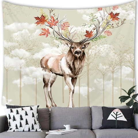 Arazzo Da Parete Cervo Foresta Acquerello Poliestere Paesaggio Nordico Arte Tela Appesa Decorazione Casa