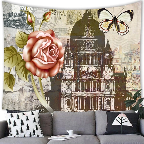 Vintage European Architectural Landmark Tapestry Retro Paris London Landmark Collage Polyester Wall Hanging For Home Decor