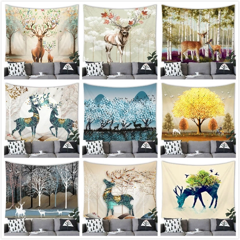 Arazzo Da Parete Cervo Foresta Acquerello Poliestere Paesaggio Nordico Arte Tela Appesa Decorazione Casa
