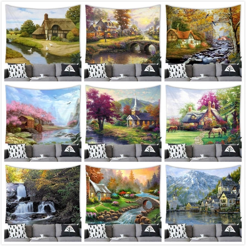 Watercolor Nature Landscape Tree Oil Painting Wall Tapestry Polyester Fabric Wall Hanging Decor For Living Room Bedroom Dorm