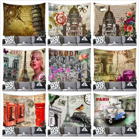 Vintage European Architectural Landmark Tapestry Retro Paris London Landmark Collage Polyester Wall Hanging For Home Decor