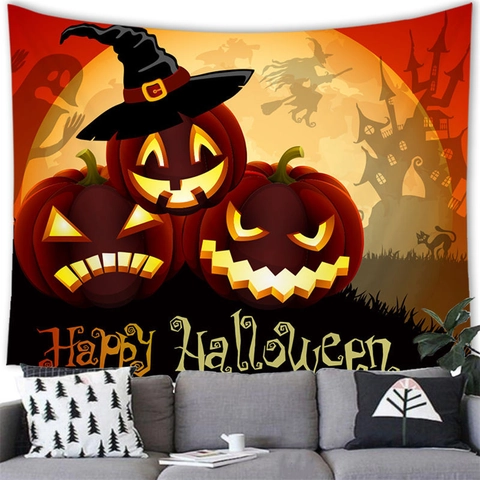 Halloween Tapestry Wall Hanging Pumpkin Ghost Castle Bat Print Polyester Backdrop For Home Party Festival Indoor Wall Decor