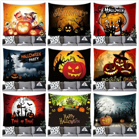 Halloween Tapestry Wall Hanging Pumpkin Ghost Castle Bat Print Polyester Backdrop For Home Party Festival Indoor Wall Decor