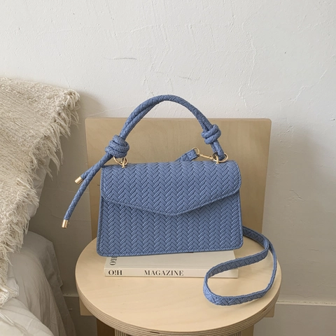Woven Texture Shoulder Bag PU Leather Flap Crossbody Handbag With Knot Handle Minimalist Retro Style For Women